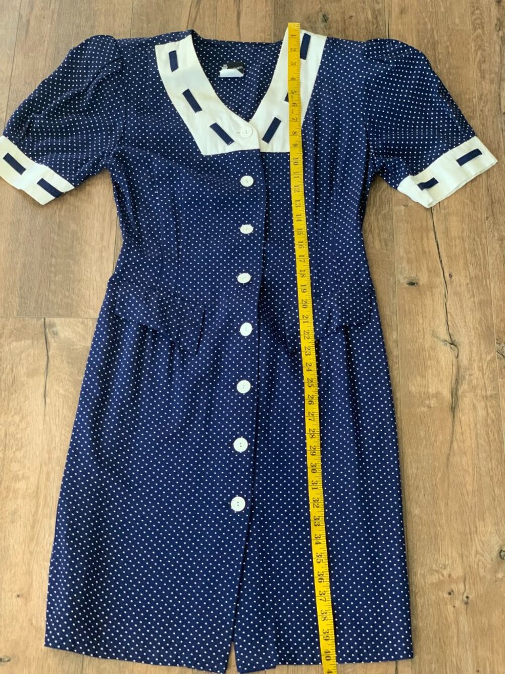 Vintage Polka Dot Shirtwaist Dress S/M Navy White Button Modest Rockabilly Pinup - Picture 15 of 16